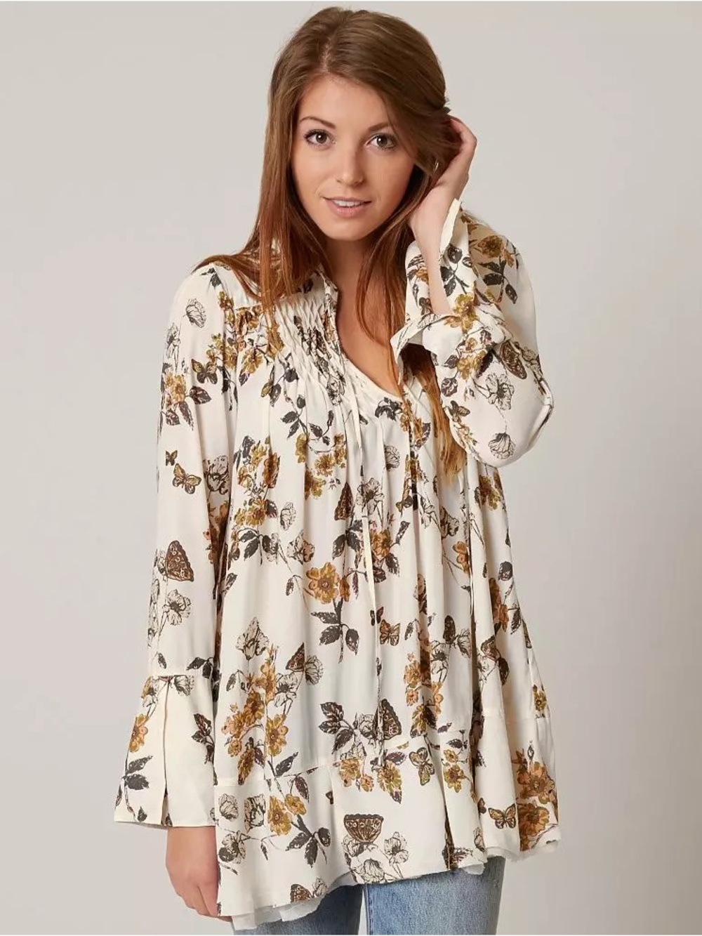 Free People Anthropologie Cream Floral Butterfly Tunic top shirt blouse size XS